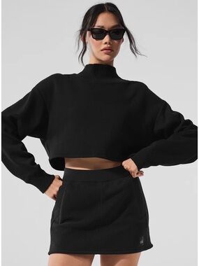 ALO Yoga Small Cropped Serenity Coverup Fleece Sweatshirt Top Ribbed Neck Black